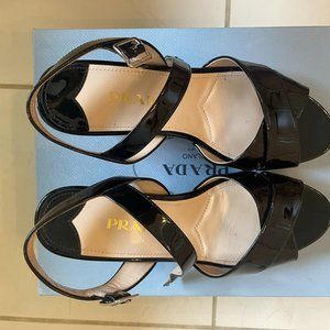 Prada black patent criss cross cork wedge sandal